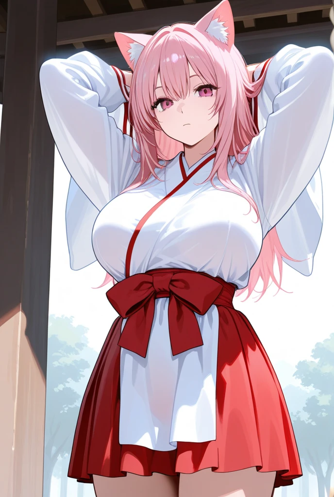 masterpiece,highest quality,(Super detailed),written boundary depth,perfect sentence, Detailed CG,Super detailed,(highly detailed eyes,very cute face,highly detailed face:1.3),beautiful anime girl,(solo girl:1.9),(super huge breasts:1.9),(pink hair,low twin tails:1.5),(light blue eyes:1.3),(smile full of joy:1.3),open your mouth,show viewer,break,(shrine maiden costume,white kimono,red hakama pants:1.5),light effect,(floating in the air:1.5),please bend your knees,spread both hands,break,(big full moon:1.3),thin clouds,The stars are shining,night