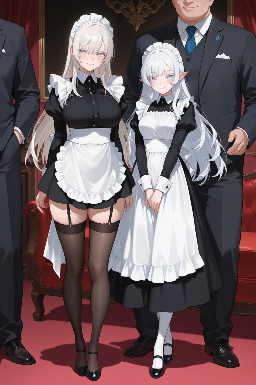 Full body photo, 1 woman in black suit with white maid accessories and 1 old 90 year old man with suit and tie, holding her from behind, immensely large breasts, clothes very tight on the body, looking at the viewer, hat maid, she is extremely exhibitionist, has short black hair, blue eyes, they are in a bathroom in front of the shower, anime, 16k, best quality, highres, award winning, high details, UHD, masterpiece, anatomically correct, ccurate