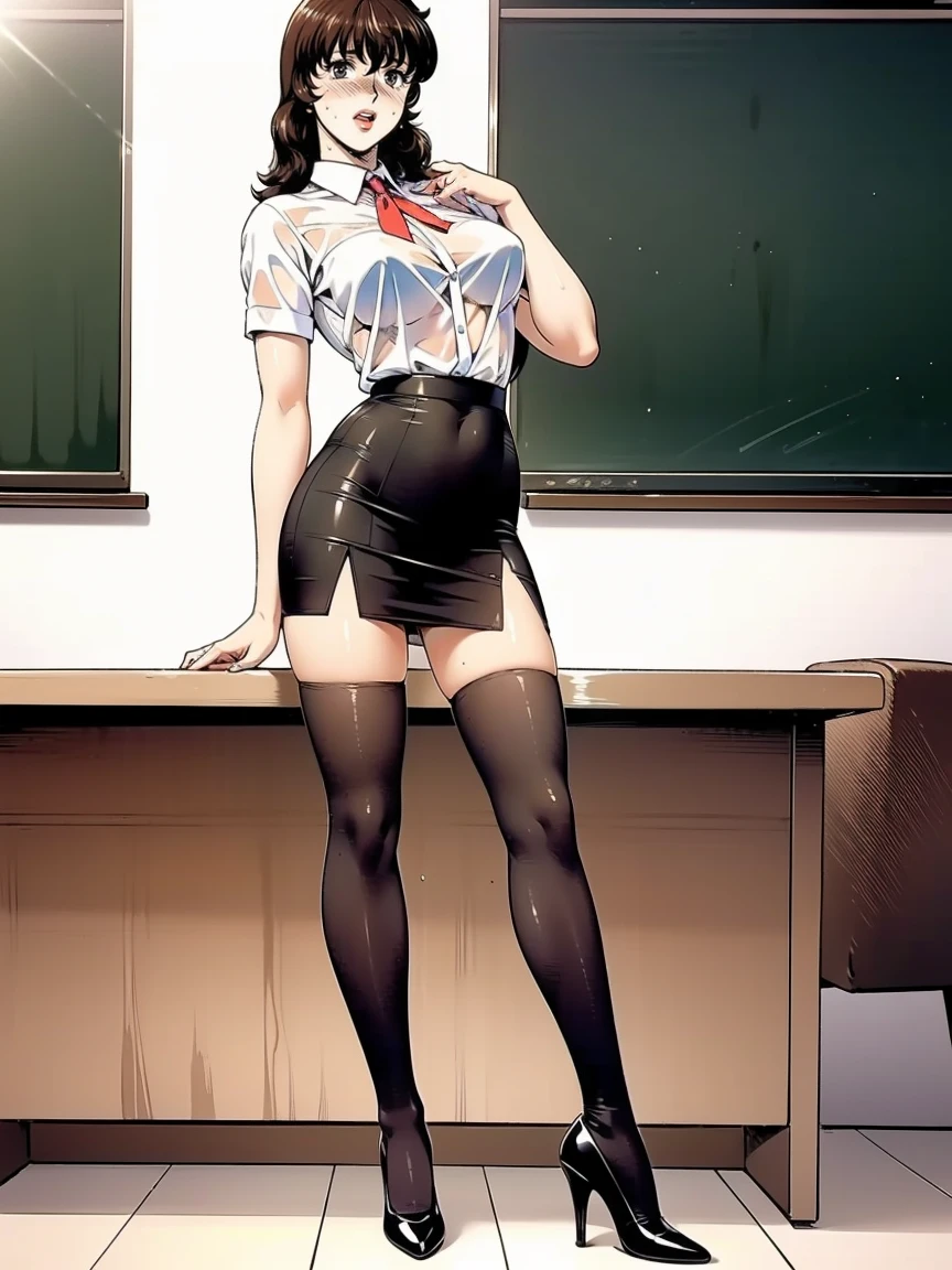 full body photo of a beautiful sexy secretary wearing extremely short skirt and seamed stockings, stands_straight, ((solo)), adult, in the office, high heels, craves sex, strokes_herself