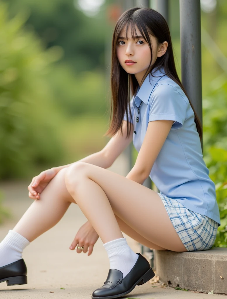 masterpiece, Highest quality, Very detailed, High resolution, (Realistic, photoRealistic:1.37), Excellent anatomy, One beautiful woman,front,Knee-deep shots,Focus on the thighs,A small smile, cheer leading, Cheerleader uniform, (shape), Micro Pleated Mini Skirt, ((Very delicate and beautiful)), (Bokeh, Blurred outdoor background), Brown Hair, Long Hair, bangs,Very beautiful face, Cute type, Big Natural Color Lip, Big and pretty eyes, Brown eyes, Obvious double, Small and cute nose, Brown eyes, Shiny highlight spots around the eyes, Character Focus, Tilt your head, The best light, Best Shadow, mysterious, Perfect Face, Very detailed, Soft Skin, (Glowing Skin, Sweaty: 1.2)&#39;Beautiful feet, Voluptuous thighs, Plump body, Huge breasts, (Expresses the roundness and softness of the chest area.........1), Beautiful body, (The perfect woman), 