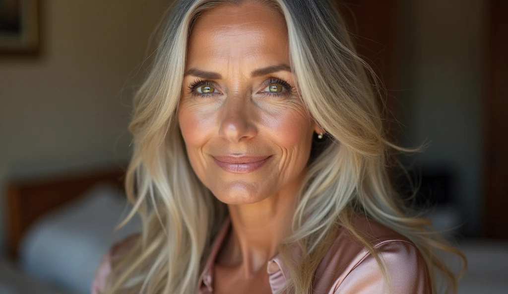 Mature woman with exotic features, wearing little makeup, green almond-shaped eyes, hair with some gray streaks, tanned skin, medium-sized lips.
