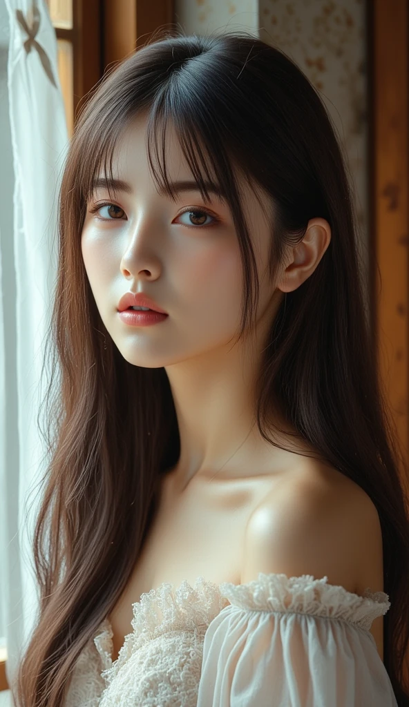 8k、High resolution、Kanban Lady、beautiful girl、gothic costume、young、white skin,、narrow eyes,high nose,lighting that illuminates the face、clear image、intellectual beauty、skinny、no makeup、anxious look、lighting that illuminates the face,shining hair、single eyelid,blue eyes、In the store、vivid pose、female clerk
