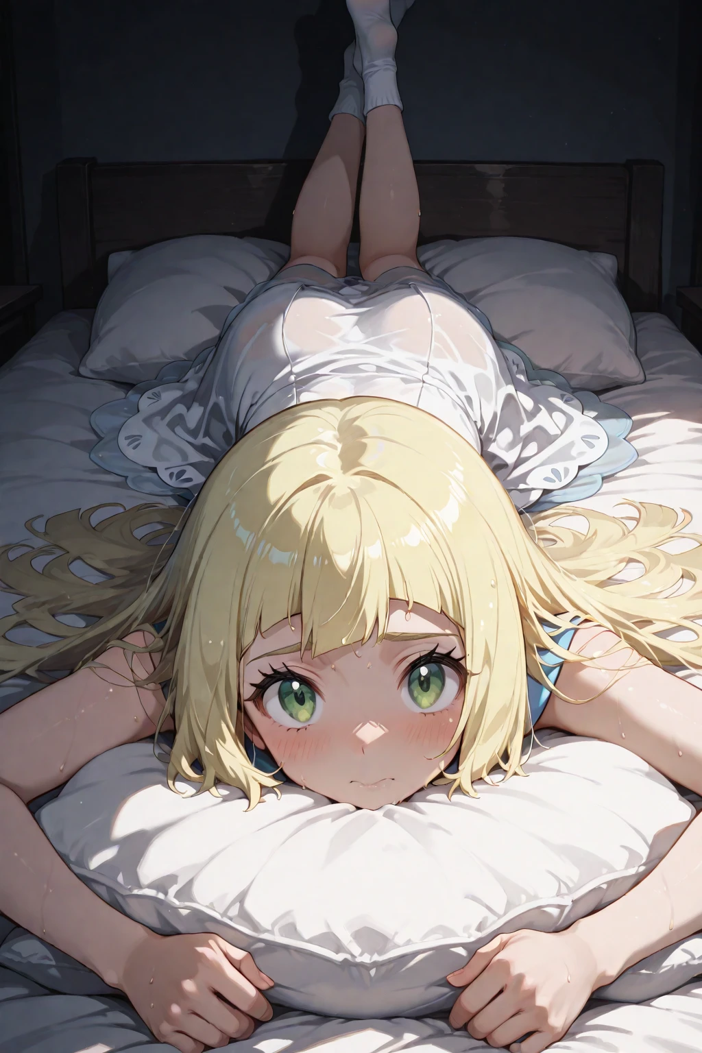 nsfw,,1 person,Sweat,White Breath,solo,,Pokémon,Lillie,Groin bulge,(Cleavage voyeur),On all fours,Bed,View from above,Troubled expression