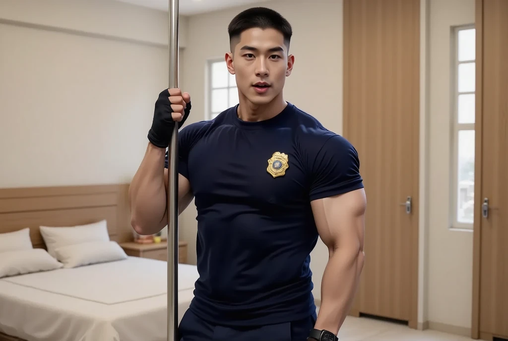 1 handsome Asian guy,27岁policeman,arafed male police 官 in walking down a hallway, , wearing a sexy police outfit , kinky police , open outfit: police expose the penis , , majestic,Who is Shi Yu?, Li Yuanbin, Kim Hyung Tae, Kim Hyung Tae, Yin Shishan, Handsome Asian muscular guy,Broad shoulders and narrow waist,A handsome guy in police uniform,Form-fitting fabric contours the bust,in a remote warehouse,hands tied behind back,Hands tied behind the back,hands tied behind back,Masculine and sexy,High,Muscles look good,hairy body,Wheat complexion,black eyes(thin eyes 1:3),whole body image, huge penis, manly penis