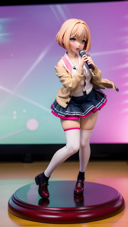 Suzuka, girl, short black hair, face, glasses, atarashii gakko leaders, sleeved sailor school uniform, red armband, white/blue shirt, and blue skirt, legs, white/blue high knee socks, shoes, sexy legs, front of view, panty line view, standing, firm ass, nsfw, ecchi, high cut underwear, on stage singing, with her microphone, bending over,