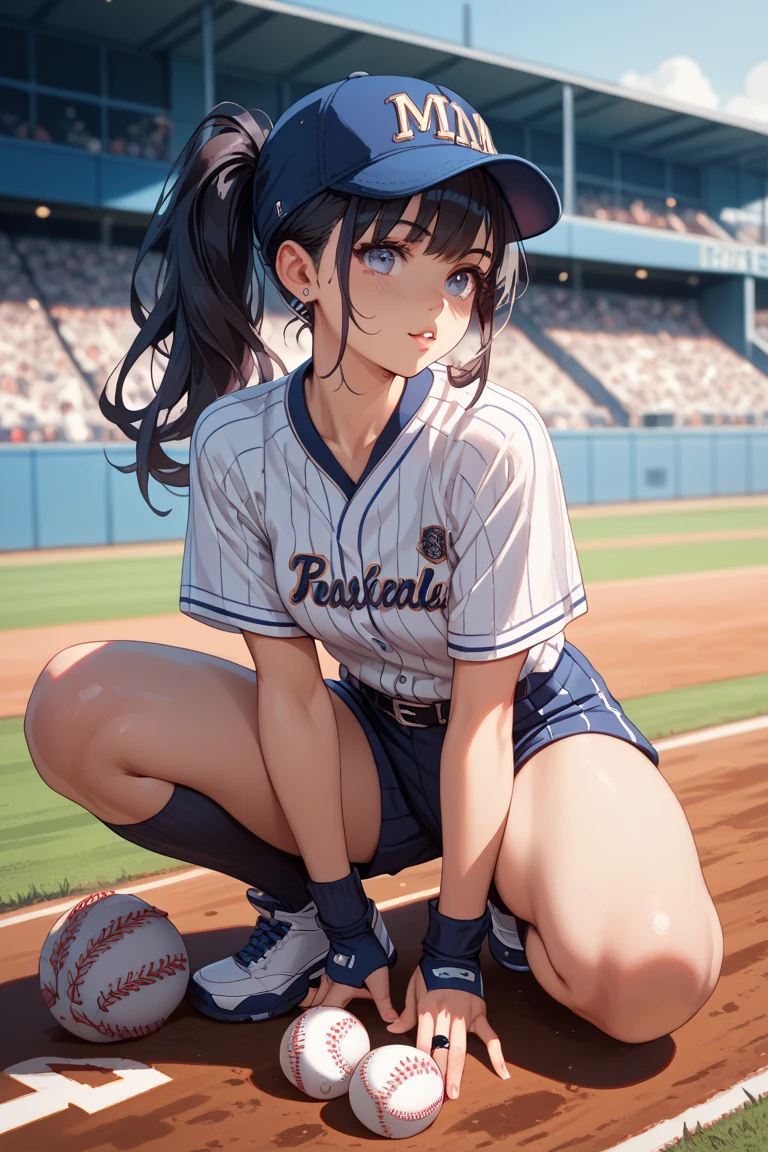 at baseball stadium, beautiful cute girl baseball player, in gorgeous and cute baseball uniform, short shorts, medium breasts, pitcher throwing dynamically on the pitcher's mound, detailed dynamic pitching form, beautiful detailed eyes, beautiful detailed lips, extremely detailed face, long eyelashes, enthusiastic support from the audience , (highest quality,16k,highres,masterpiece:1.2),ultra-detailed,(ultra-realistic,photo-realistic:1.37),HDR,UHD,studio lighting,ultra-fine painting,sharp focus,physically-based rendering,extreme detail description,professional,vivid colors,bokeh,sports photography,dynamic action,dramatic lighting