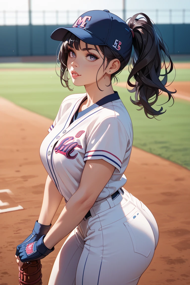 At the baseball field, a pretty Korean singer holds a bat to her buttocks, her eyes are big and she is professional