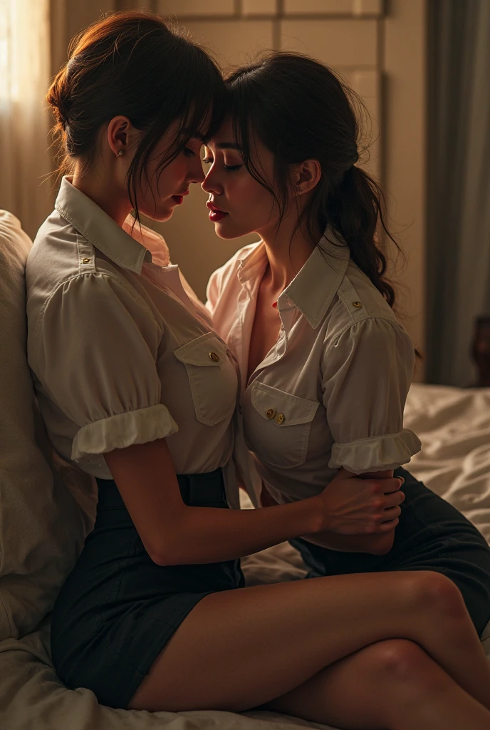 A mother and her 20 year old daughter with a ponytail. They are dressed in a very low-cut white satin shirt., a black leather skirt with buttons in the front and black leather high heeled boots. They are both in the room sitting on the bed.