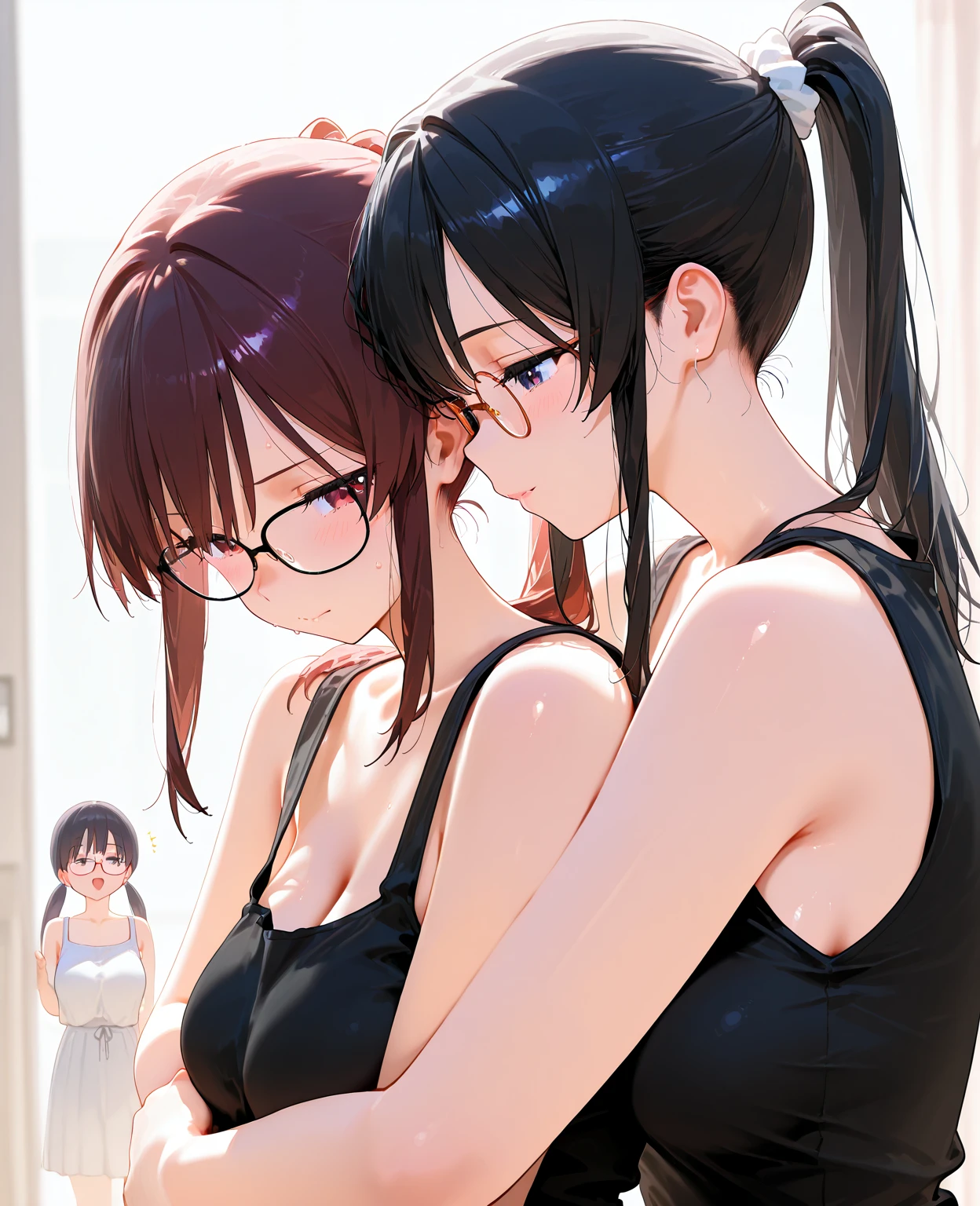nsfw,(masterpiece, best quality:1.2)2girls, bed room, AND 2girls, gray sports bra, smile, one eye closed ,out tongue,dark orange hair, short waviy hair, brown eyes, glasses,yuri AND 2girls, pink bra, smile, one eye closed,out tongue,black hair, medium hair, brown eyes, glasses,yuri,sex,pov,