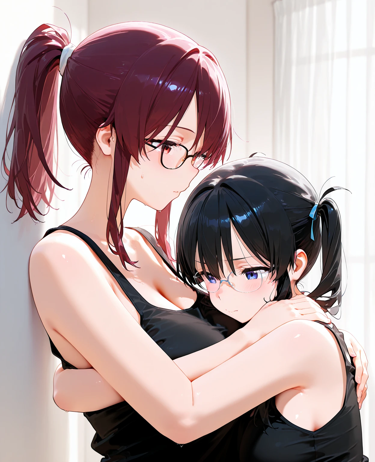 masterpiece, best quality,multiple 、 hair ornament, ponytail, hairclip, eyes, bandana, striped, short hair, shorts, long hair,looking at viewer, hug, shirt、Nipples、Sit down and spread your legs wide((Large Breasts))((Male organ))、((Red see-through bra and shorts))、Show your ass、Glasses、Very small breasts、Cream Pie、Crying in tears、skinny