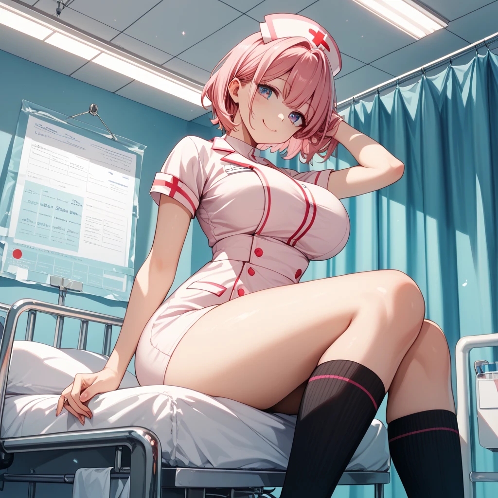 Sexy nurse white in hospital thick thighs sexy neckline neckline super realistic HD high quality details，Pink nurse's uniform，A pink-haired，syringes，stethoscope