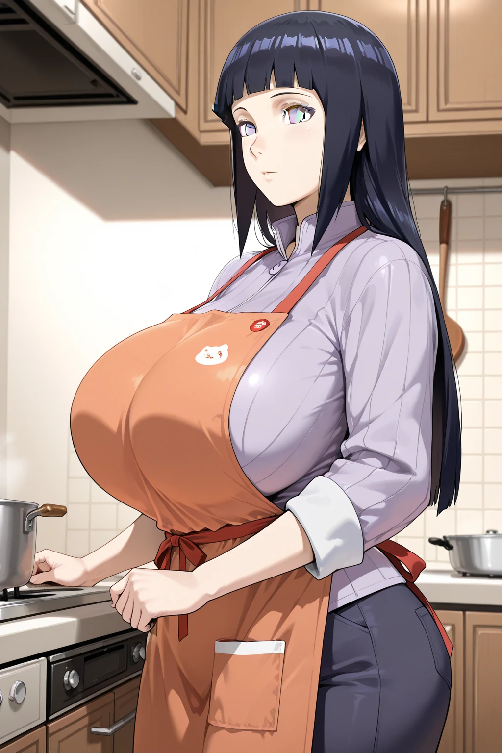 minamoto no raikou,1girl,solo,Mature Women,gigantic huge breasts,slender,apron,breath,amorous glance,looking at viewer,smile,near,standing up,Japanese house,in room,perfect,high quality,faultless,