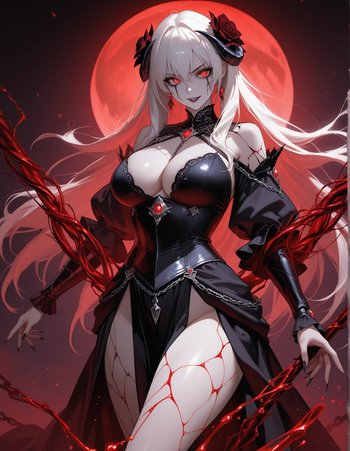 a vampire, crimson eyes, Pale skin, giant breasts, Grey dress, sadistic, obsessive, cruel, a little madness, ruler of the abyss