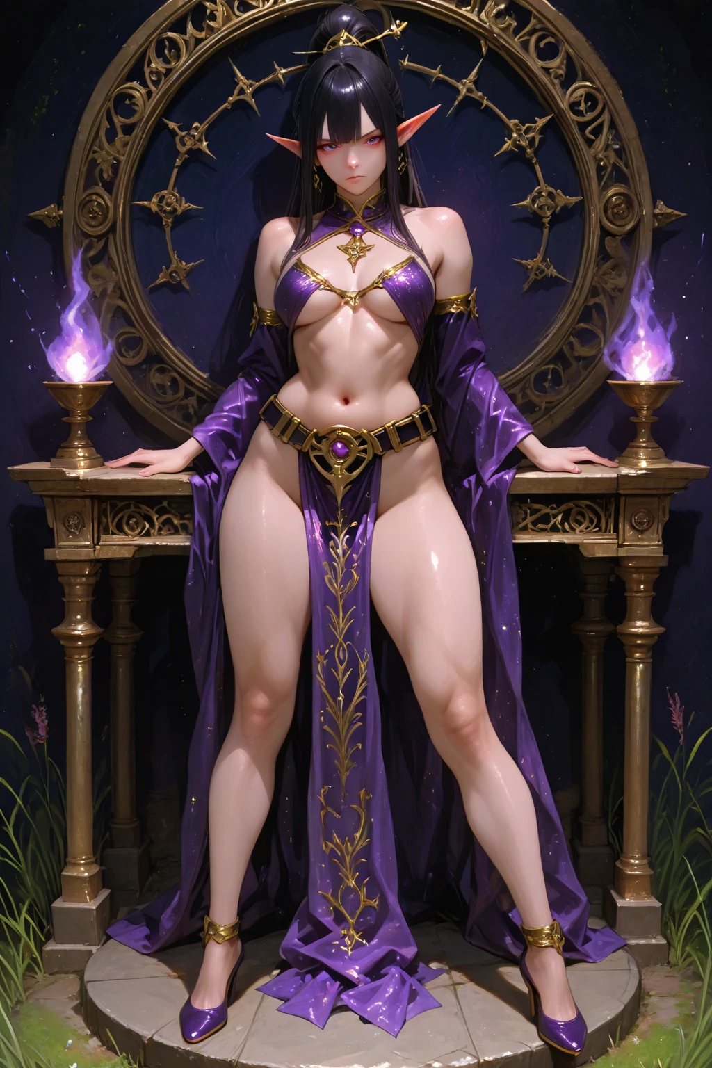 ((obra-prima)), (((melhor qualidade))), ((Ultra Detalhado)), (Awesome: 1.1), ((papel de parede extremamente detalhado da unidade CG 8k)), (8k, Foto RAW, melhor qualidade, obra-prima: 1.2), (realista, Foto realista: 1.4), (renderizado: 1.4), (renderizado: 1.4), Ultra realismo, high-resolution, NVIDIA RTX Ray Tracing, octane render, imagem de corpo inteiro, 1 garota linda, olhando para o espectador, Maga reading a great grimoire of magic in an ancient library in a medieval stone brick tower, Her hair is long and black with shine, wearing a big wizard hat, His eyes are large and blue and well detailed, ela usa vestes escuras negras e azuis estampadas com estrelas prateadas e luas crescentes brilhantes, wand of condon in one of his hands, leve sorriso, rosto detalhado, biting lips, corpo perfeito, perfectly proportions, thick legs with well-defined muscles, quadris largos, cintura fina, well-defined abdomen, seios grandes e empinados, mamilos protuberantes pontudos, pele parda com leve brilho de suor, estantes de livros antigos ao fundo, room is slightly dark, lighting by chandeliers and torches on the walls, slight haze of smoke comes out of candles and torches, Magical crystal ball with purple luminescent aura and purple rays on an ancient wooden table in the background, grandes janelas em arco, Deeply dark night through the windows, very starry dark sky, estrelas cadentes, grande lua semicoberta por nuvens, raios de luz da lua, diffuse lighting, fantasia, intrincado, dinamic angle, diffuse lighting, fantasia, intrincado, elegante, altamente detalhado, realista, fotorrealista, art-station, arte conceitual, smooth and sharp focus, circunstanciado, intrincado, Foto premiada, BLN-L24, exposure, Alto contraste, 8k 3D, cinematic lighthing.