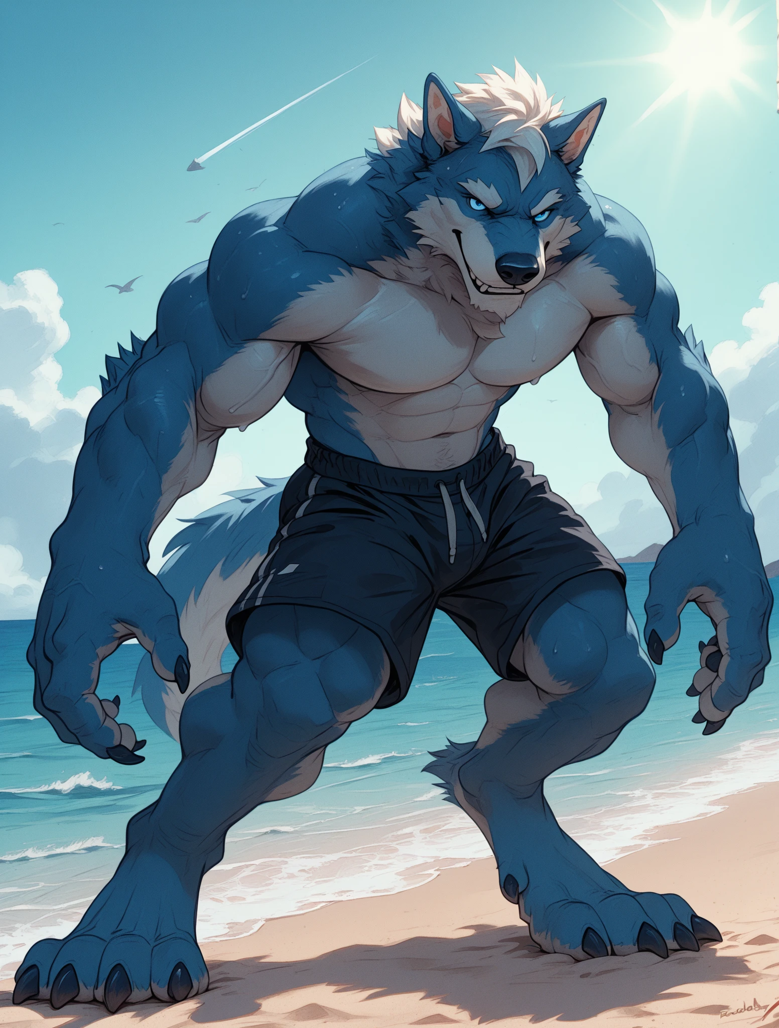 4k, high resolution, best quality, perfect colors, perfect shadows, perfect lighting, ((full bodyportrait)), posted on e621,image of an alone, (muscular), (Male human werewolf):1.3, Orange fur, white chest fur, black beard, black hair (solo, anthro werewolf, male, adult, (heavily muscular, manly, brutal, masculine:1.4), masculine), (Common:1.4) (runner):1.23, (,Wearing a green short , exquisite green eyes, wolf tail, (exquisite eyes,claws in hands,Cute animal paw,Sticking out tongue, realistic fangs,careless person,Air leakage in lower body,wet body,glowing eyes):1.1, (in the beach:1.35), In the sand,running on the sand,dim,be licked,enjoy,obsessed, (Gold collar, chain collar),Submit to,caress,drunk,Smile,enjoy,looking at camera,Submit to,having fun,Detailed background,realistically,realistic hand,8k high dynamic range,(shadow,wide dynamic range,high dynamic range,emphasize:1.2), (photorealistic fur, detailed fur, epic, masterpiece:1.2), sexy shadows, (by echin, by Taran Fiddler, by takemoto arashi, by Traver009, by Juiceps), (detailed eyes:1.2), impressive physique