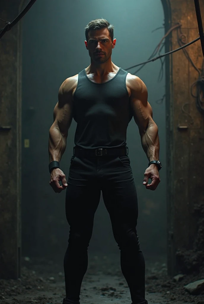 Full body photorealistic handsome hunky young slender futuristic male hero with messy black hair wearing a black costume with belt and gloves and wristbands that can summon shadow,,super Bulge. 