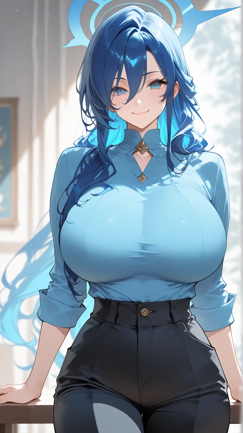 ((masterpiece, best quality)), very aesthetic, ultra detailed, intricate details, highly detailed, UHD, HDR, 8K, perfect face, 1girl, regular shirt, pants, long hair, blue hair, pink eyes, large breasts, perfect body, (newest anime art style)
