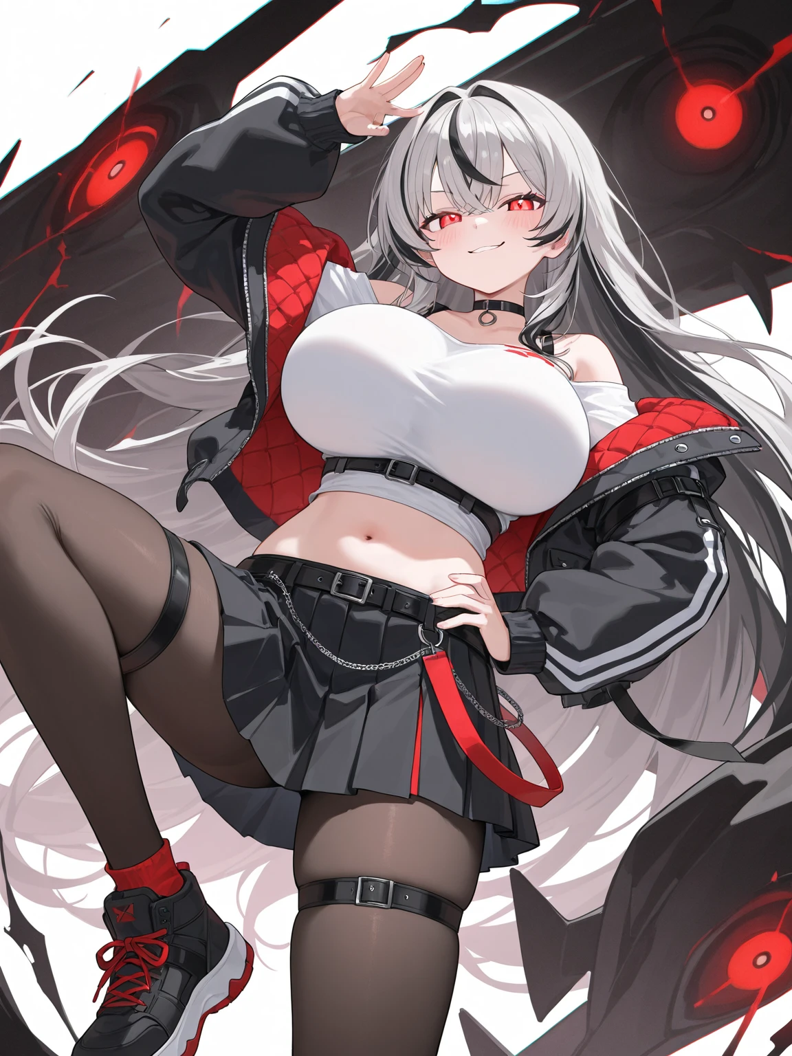 masutepiece, Best Quality, PrinzV4, 1girl in, Solo, Long hair, breasts, Looking at Viewer, Skirt, Large breasts, gloves, Navel, Holding, Jacket, Yellow eyes, White hair, Red hair, multicolored hair, Open your clothes, Black Gloves, Open jacket, official alternate costume, striated hair, Black jacket, underboob, Headgear, a flag, Red panties, Race Queen, Pending Flag,Poses that emphasize breasts、top-quality