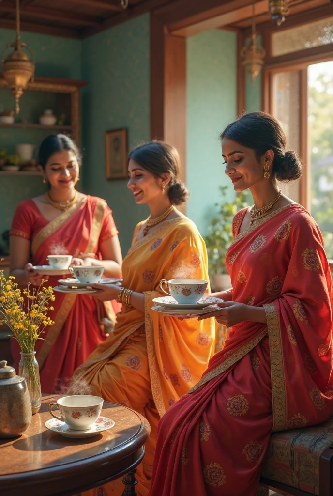 a picture of a british master slave relationship where an indian maid wearing a saree holding a tray of tea cups and serving it to an american woman who is sitting at a table woman at a tea party. the indian maid is standing up and is a servant colorful party, realistic, beautiful, sexy