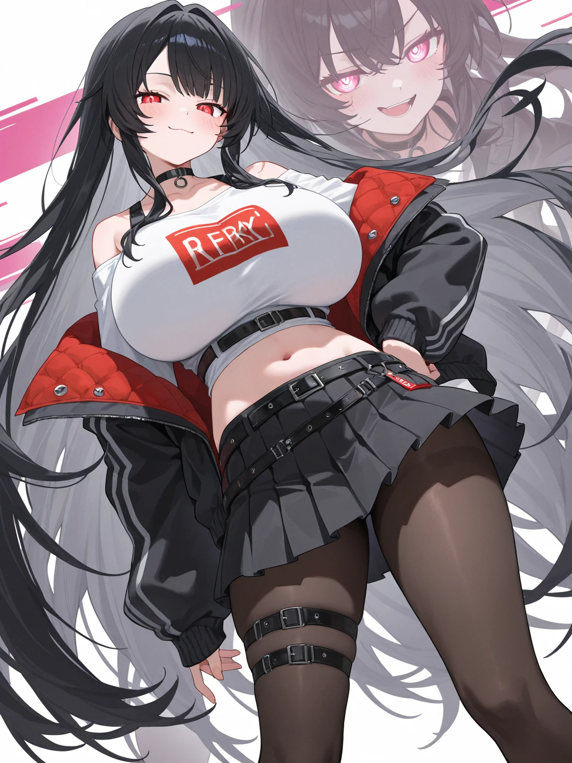 1 girl, black hair,red eyes, short hair,hair over one eye, Large Breasts, pajamas, full body