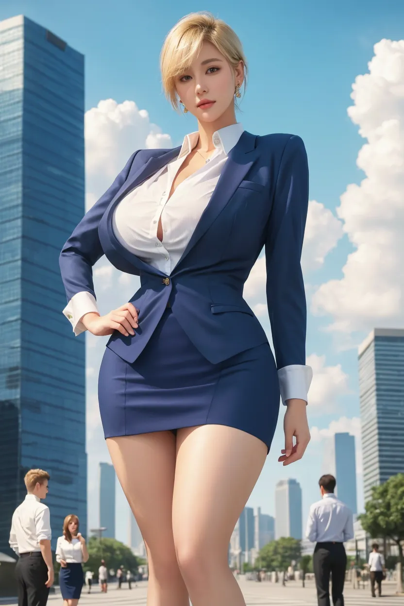 a russian milf, huge fake tits, confident businesswoman in a power suit, walking confidently through a bustling city street with skyscrapers in the background
