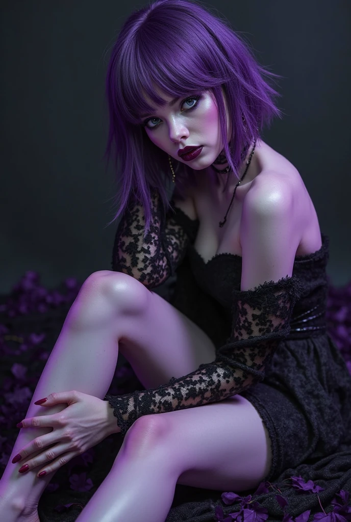 naked girl. teen. slim body. skinny body. thin body. this waist. cute. looking at viwer. wet skin. Pale skin. purple hair. short hair. long socks. long gloves,nfsw,sexy