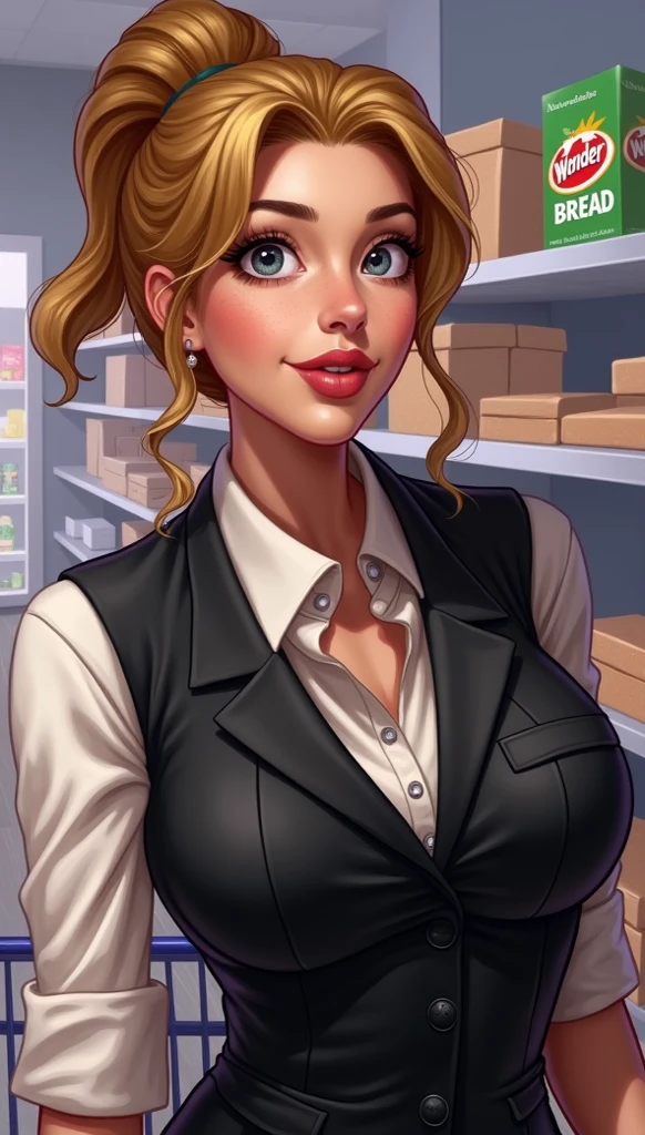 embedding:AS-MidAged, Torso, thin figure, 1 woman (shopping at luxury clothing store) dark wooden shelving, 60yo woman, hyper detailed hair, curled brown hair, big hairstyle, 70's hair, expensive clothing, low cut floral blouse, carrying shopping bags, looking at viewer