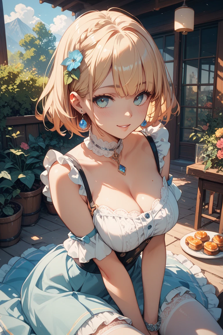 Absurd, Ultra-detailed,Bright colors, Very beautiful and detailed anime faces and eyes, View from the front, ;is, Shiny_skin,Age 25, , (A stylish bra can be seen through the sheer white bra 、Black socks、Checked skirt)、short hair, , Asymmetrical bangs, Blonde hair in short pigtails, Shiny Hair, iselicate beautiful face, blush、(iseep Blue Eyes:1.3)、evening、There are many rice fields, Lots of fields、Big Sunset、Orange View、Small Necklace、