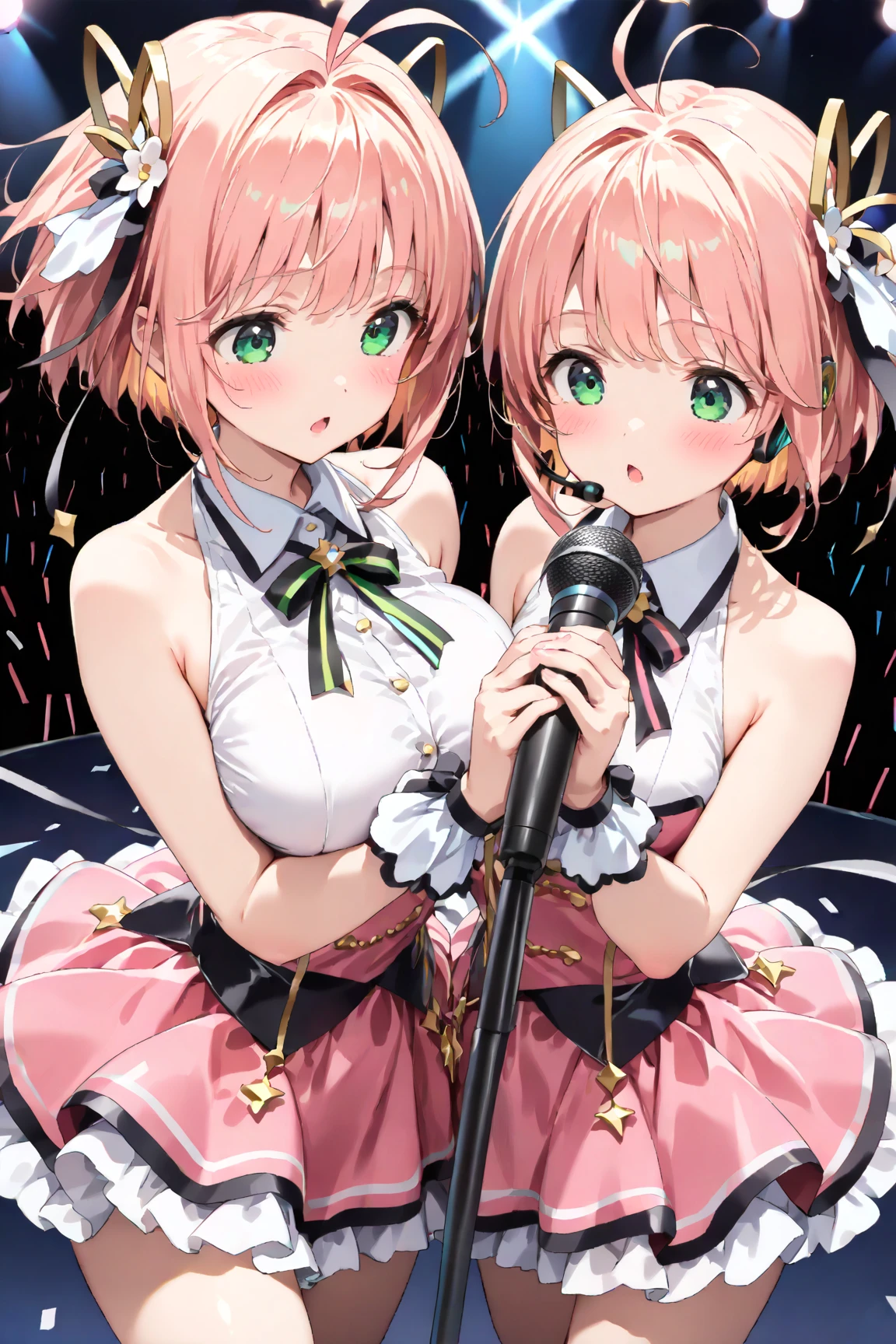 Dynamic Angle, 8k, Thick Paint 5, Movie Scene, Upper Body, 2 Girls, Smile, Wolf Ears, Wolf Tail, Pink Eyes, Hair Between the Eyes, Striped Hair, Striped Hair, (((Colorful Hair Color: 1))))), (((Random Hair Color: 1))), Colorful Hairstyle: 2, (((Perfect Fingers, Perfect 5 Fingers)))), D Cup, Cleavage, Noble and delicate clothes with lots of frills and ribbons, miniskirts, love live costumes, Idolmaster costumes, white uniforms, jewelry, ((((on the big AI stage))), singing on the AI stage, holding the microphone to the left, singing, best live, professional lighting, concerts, guerrilla live, ((against the background of the city of Shibuya, lots of customers))), ((panties, cute panties))