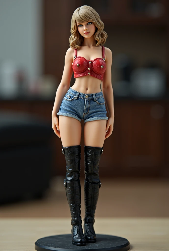 anime figurine of a bbw female, light skin tone, light brown eyes, curly red hair. The figurine is displayed full body, allowing visibility of the figurine, red halter top and short tight leather mini skirt, typography, 3D render