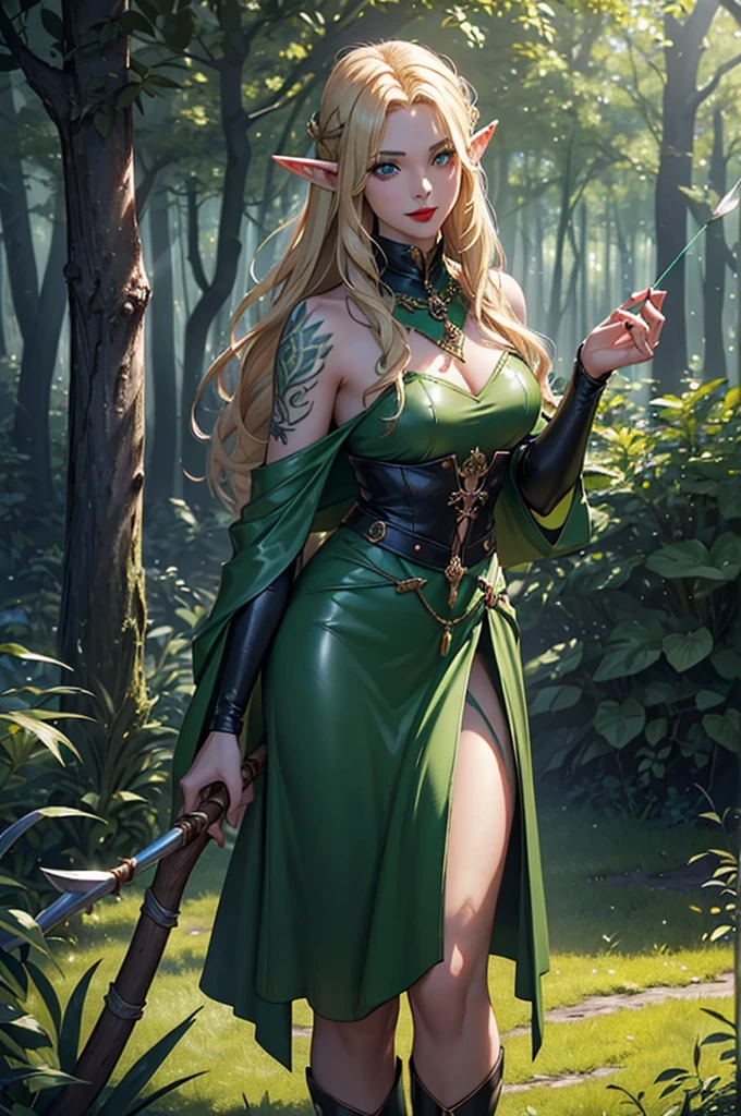A green witch in a fantasy setting with a blonde hair. Wearing a sexy green silky witch dress with cleavage. No pants. No bra. Green Emerald stone necklace. Witch hat. Bracelet. She is rather slim. Very small breasts. Small hips and long thin legs. White skin with. A narrow soft face. Soft round chin. A very long and big nose. Cute curved lips. Big upturned eyes. Very bright and barley visible eyebrows. Very very thin eyebrows. Long neck. Ambitious and Cunning personality. backgrounds: battlefield. Master of witchcraft. Carrying the Green witch staff. Fighting scene. dynamic pose. Full body image