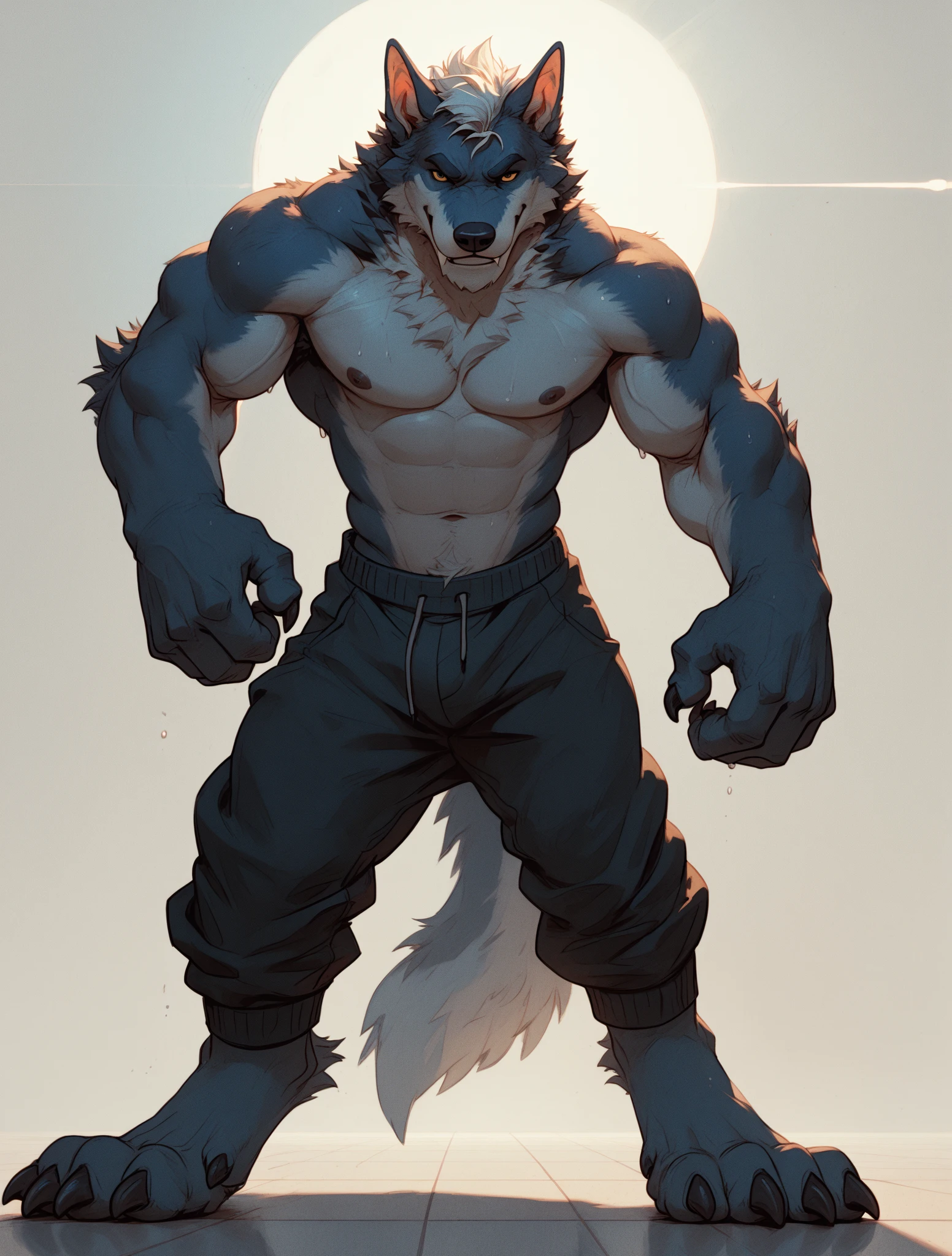 wolf o'donnell, posing for the camera, showing off. 4k, high resolution, best quality, posted on e621, solo, anthro body, male, adult, masculine, (very muscular, strong chest, pectorals, biceps:1.1), correct anatomy, (no background, black background:1.10), (by wfa:1.2), (by negger:1.0), (cel shaded:1.2), cartoony shading, confident, strong, (wolf tail:1.0), (pants:1.0), (half body:1.2), (detailed eyes:1.1), handsome, eyepatch, smile, tough guy pose, eyepatch