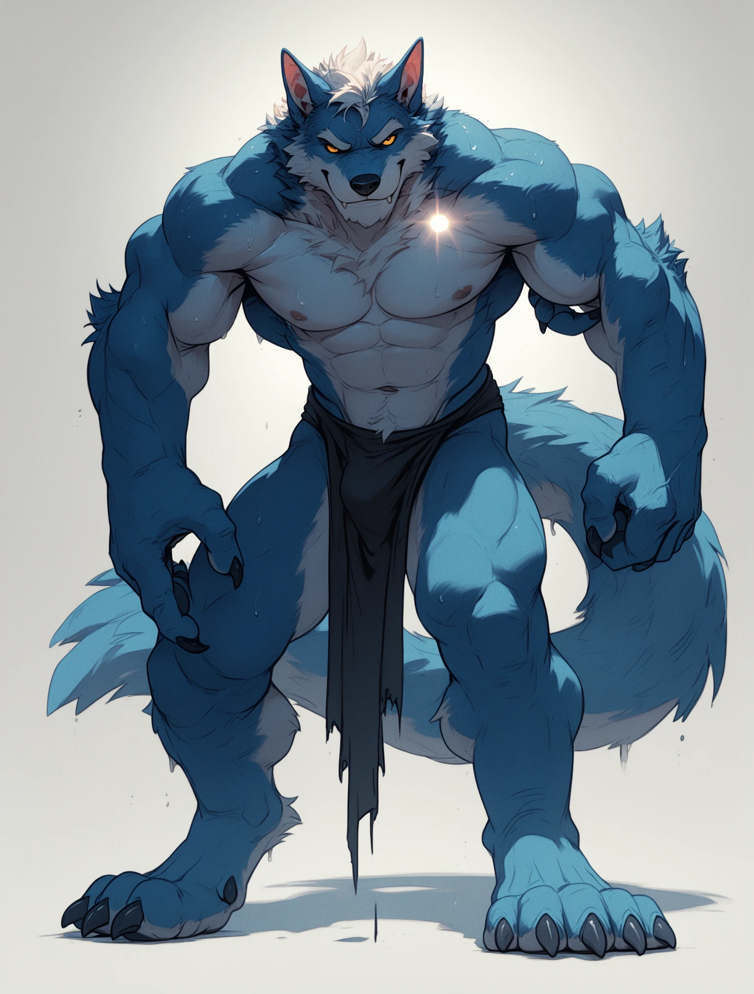 furry growth, exaggeratedly huge hips, hyper growth, hyper muscles, wolf, blue wolf, shirtless, white shorts, muscular, on a gray background