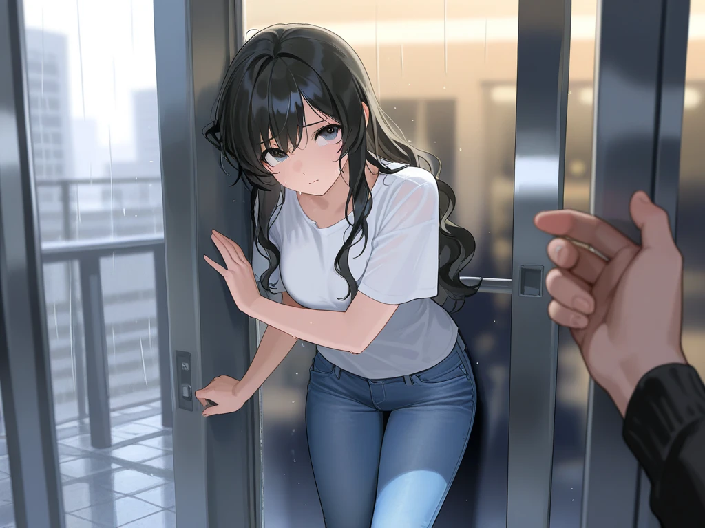 girl、white t-shirt、jeans、sex、nipples are transparent、Men's restroom