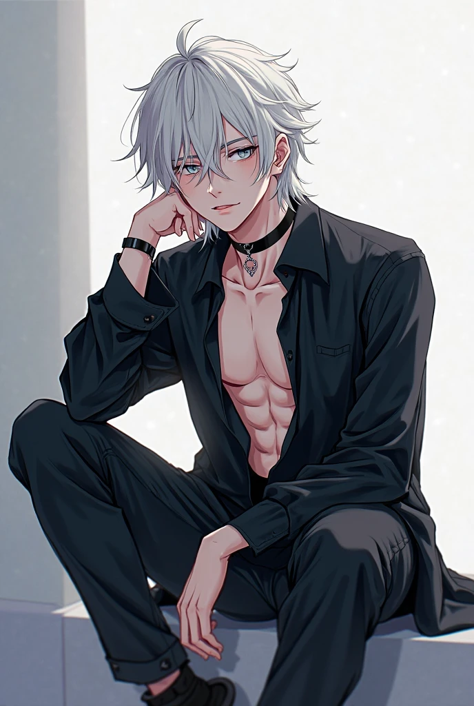 Anime guy about 16 without outerwear. Muscular with 6-pack abs and back. With white hair. Lying on the bed. 