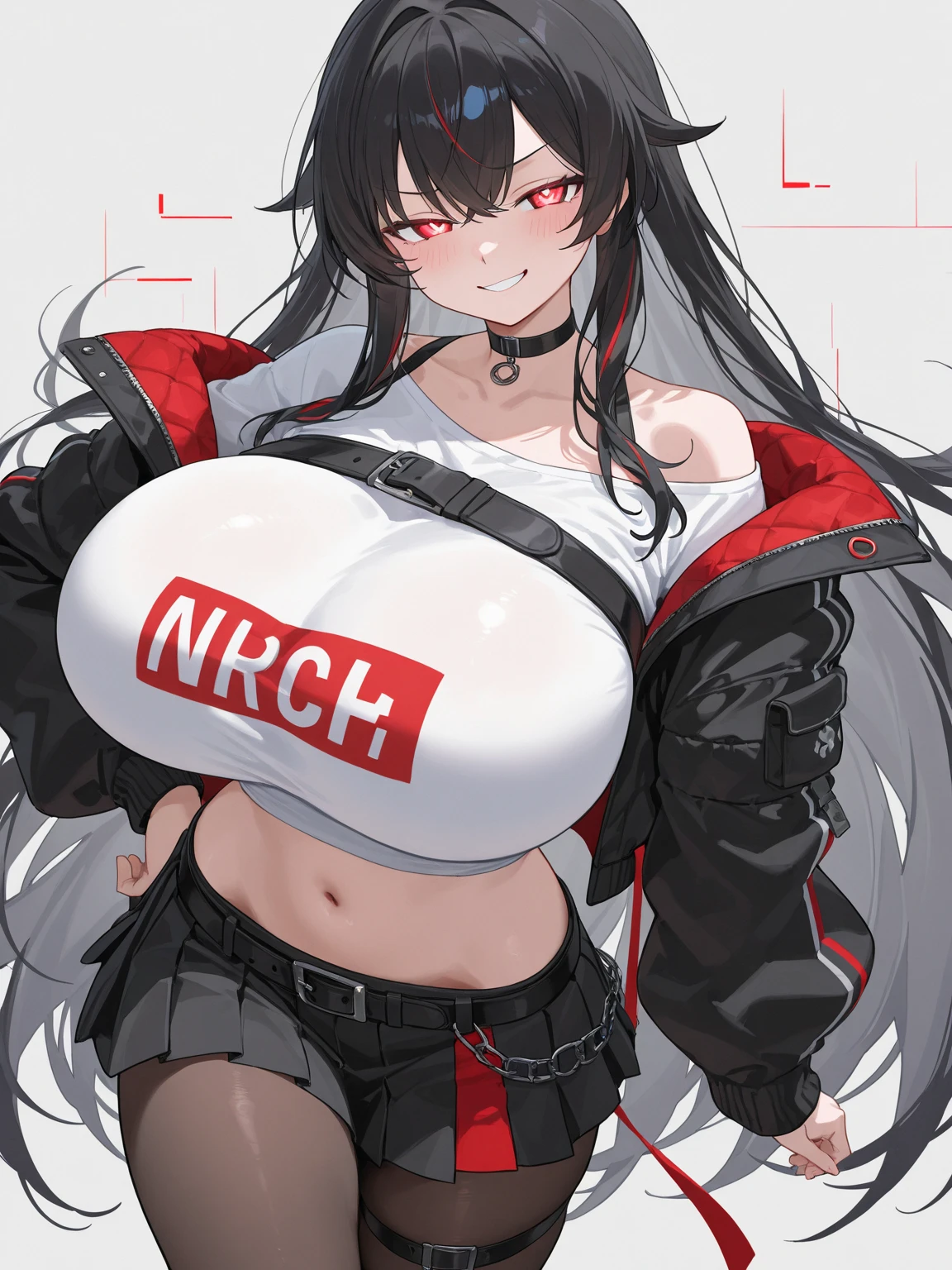 (sfw), high detail, ((anatomically correct)), ((UHD, retina, masterpiece, ccurate, 8k)), highres, high details, award winninng, ((messy hair, high ponytail)), (Red Hair with black highlight), (ponytail), (Huge Breast, Large Breast), (race outfit), ((magazine background)),