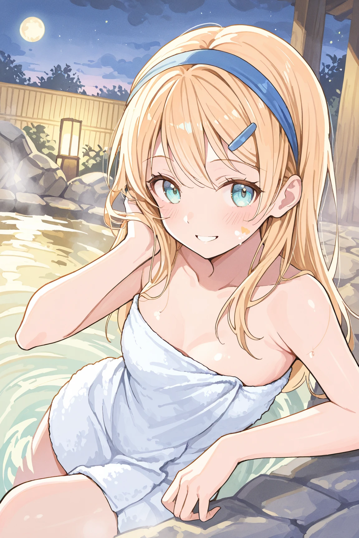 One girl、a blond、Lori、、cute little、small tits、Elven ears、masterpiece、top-quality、Top image quality,hot onsen,bath towels,tits out,s ass,