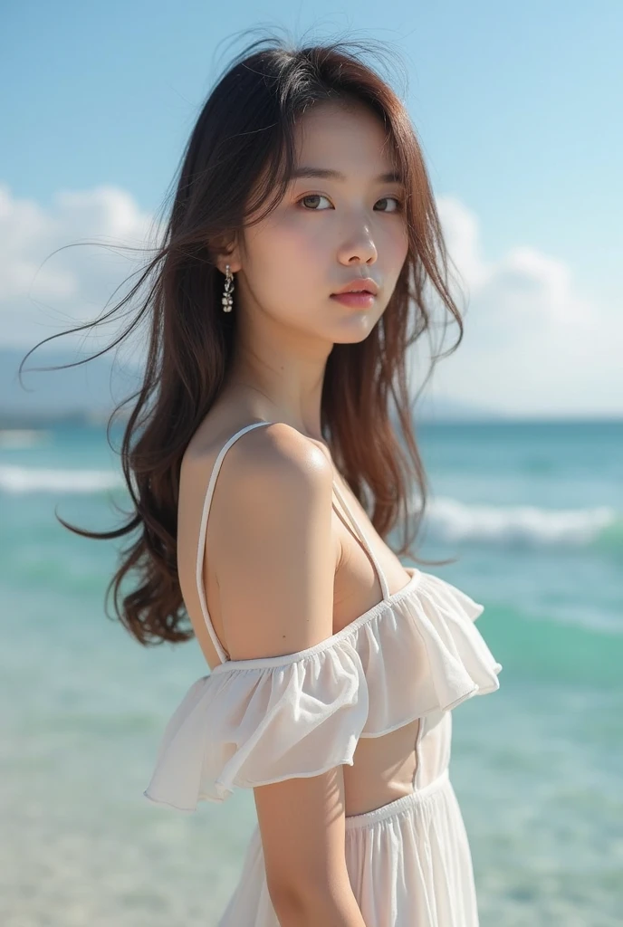 Create a high-quality, hyper-realistic portrait of a very beautiful Japanese idol. She is wearing a clean white summer dress and is squatting on the beach during sunset at sea. The deep indigo of the night sky contrasts with the last vestiges of crimson near the horizon, with swaying waves in the background. The girl has semi-long hair and a slender body with small breasts. The photo should capture her with detailed eyes, a detailed face, and a beautiful, sophisticated nose. The image should have a realistic, delicate, and finely detailed quality, suitable for a fashion magazine cover. Use cinema lighting and soft light to enhance her features. Ensure the photo is of the highest quality, with a resolution of 8K, making it perfect for a 2K wallpaper.