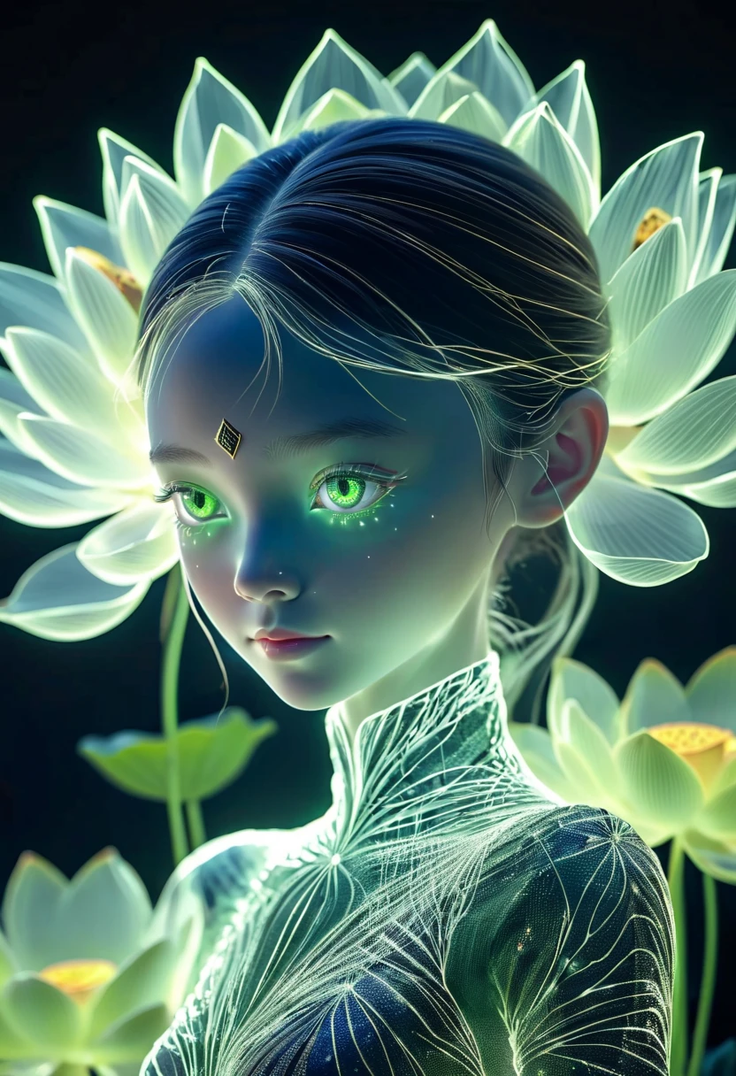 high resolution, Super detailed, (1 girl:1.3),(lotus)
BREAK Sun exposure, reverberation, Experimental photography, surreal contrast, Eye-catching visuals, Artistic abstraction,
Break the art of cutting, layered silhouette, complex patterns, exquisite craftsmanship, shadow play, Depth and size, creative expression,
break art, Frozen sculpture, translucent forms, short-lived beauty, Crystal structure, exquisite craftsmanship, impressive,
break green eye,body glow,Glowing lines,fluorescence,glow example,Example tracking,flash,萤light particles,Backlight,Translucent,light particles
