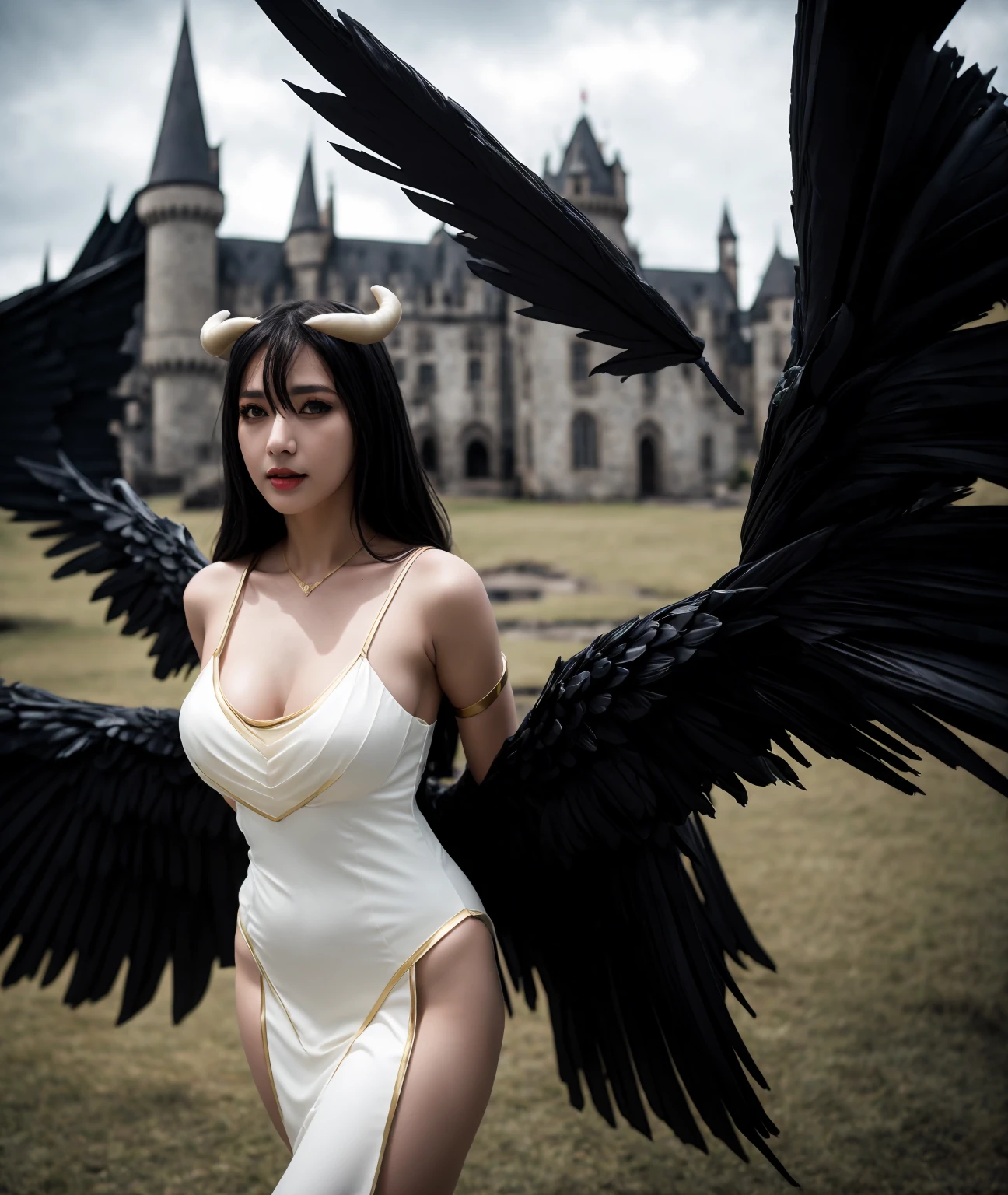 Women in Their 20s, Fantasia、offcial art, unity 8k wall paper, ultra-detailliert, beautifly、Aesthetic, ​masterpiece, top-quality, Photorealsitic、Hell、Restrained female demons、Black underwear、Hair that flutters in the wind、disheveled hair、Braids、the presence of horns on the head、with black eagle wings on its back,,,、Staring at this:2.0、Curse ritual、Winding tree、Dark Magic、Grave marker、Stone pedestal、crows、depth of fields, Fantastic atmosphere, Calm palette, tranquil mood, Soft shading、bbw、very large breast、plump figure、Beautiful fingers、