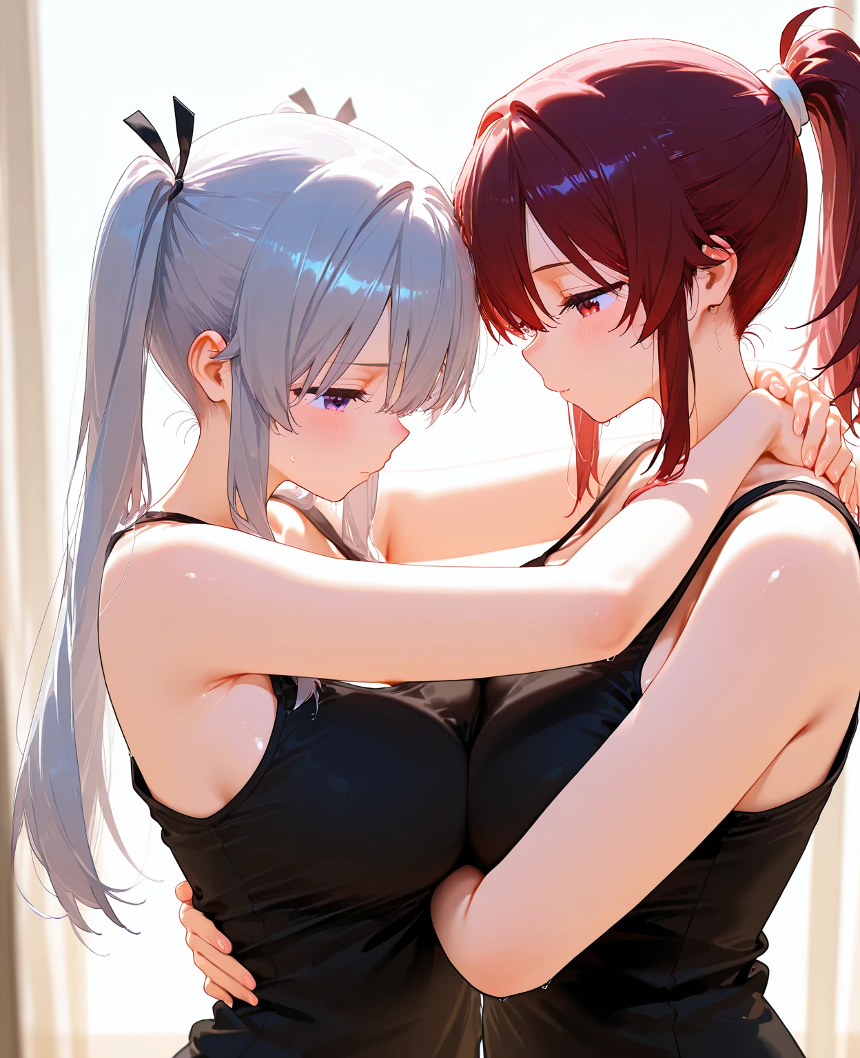 (masterpiece),(Highest quality:1.1),(Very detailed),Best illustrations, (1 Girl:1.3)、(Two women hugging each other)、Trettamail、expensive、((nude、Beautiful breasts、Beautiful areola))、((Yuri、Lesbian、Genital licking、Sex))、((Nice ass, lily, fr○m side, sexual intercourse, sextus))、Open-air bath((Redhead、Ahoge、blue eyes))、Miorine Rembrandt, Small breasts、Asticasia , Expressions of embarrassment、alone, Long Hair, Grey Eyes, Gray Hair, Ahoge, bangs, Hair between the eyes