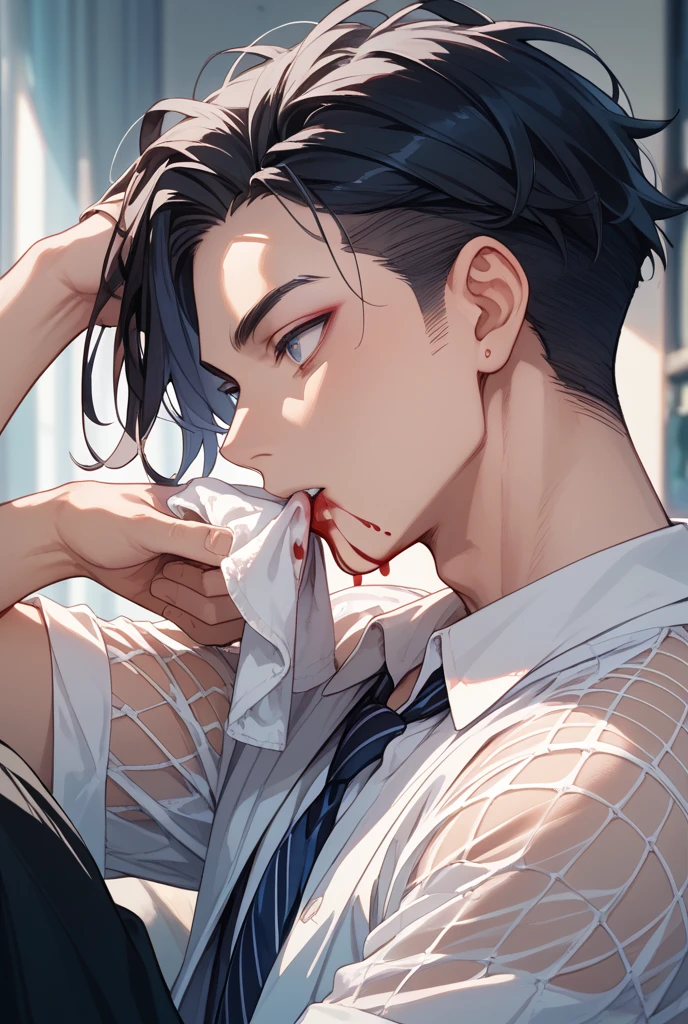 masterpiece, best quality, ultra detailed, (solo man), (male focus:2.0), ((young adult man:1.5)), black hair, (((hairs between eyes:1.5))), ((shoulder length:1.5)), ((narrow blue eye)), ((Oblong face)), ((Square jawline)), (pale skin:1.7), (Slight Body:1.5), (lady slim body:1.0), (beauty mark:1.5), nsfw, ((be breathless)), (embarrassed,blush:1.3), (ecstasy:1.3), (vulgarity:1.3), (fucked silly:1.1), (steam:1.1), (wet:0.8), (trembling:1.5), (tears:0.7), (drooling:0.6), (sweat:1.2), (closed mouth:1.3), wince, (orgasm:1.5), (closed eyes:1.4), (completely nude:1.2), (heart:1.0), lying on a bed, spread legs