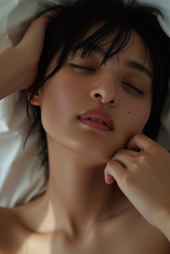 There are girl and a man, indonesians, 25 years old, realistic, very detail, full naked, nude, lay down side by side with a macho old man just after having sex orgasm, sweat on their body and face, girl bowing her head and inserting deeply man's penis into her mouth, nude, sleepy eye, best results, liquid splashed around her wet redish open wide exposed vagina, satisfied face, her hand still grabing that man penis, man's erection penis is visible, both man and girl are visible,