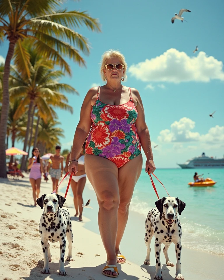 Dominican curly hair burgundy hair colored to woman, mature, 60-year-old in a  transparent skin tight lace bikini pressing on her body , standing tall at a snowy and sunny  beach. coconuts and dogs jack Russells admiring her beautiful body