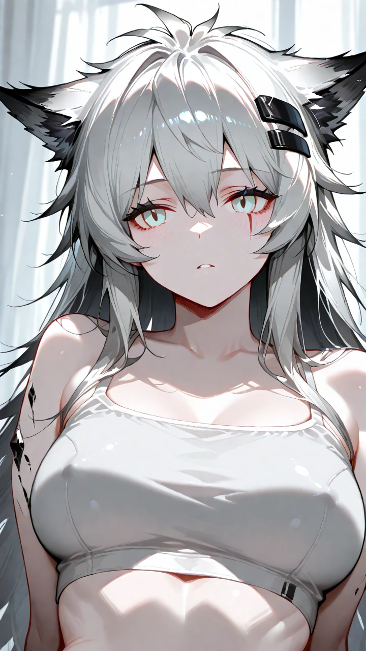 1 teen character。gray hair color、Glowing red eyes、Long Hair、There is a mole under the left eye、Sad expression、A dress with a large open chest、Without background、Depict people only.