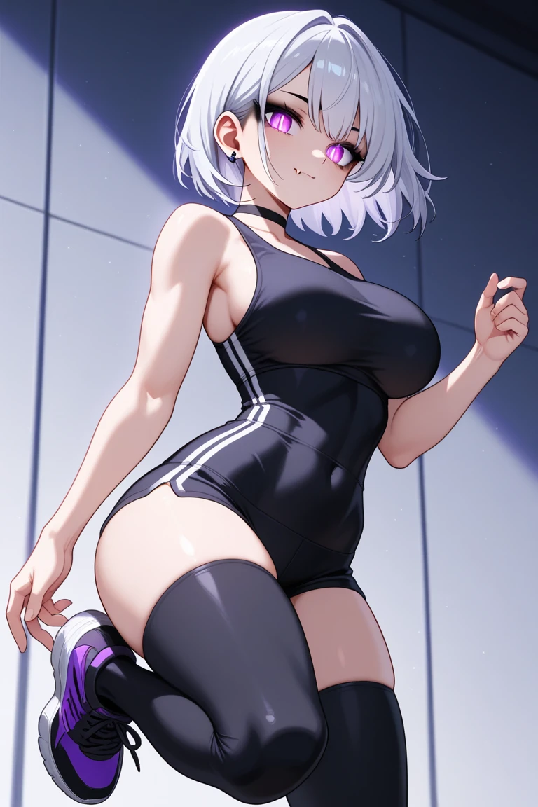 masterpiece, best quality, highres, Yukino, silver hair, blue eyes, short hair, symbol-shaped pupils, +_+, large breasts, gym uniform, black shirt, sleeveless, white gloves, elbow gloves, white shorts, gym shorts, short shorts, white thighhighs, outdoor, playground, grass, cowboy shot, standing, leaning forward,