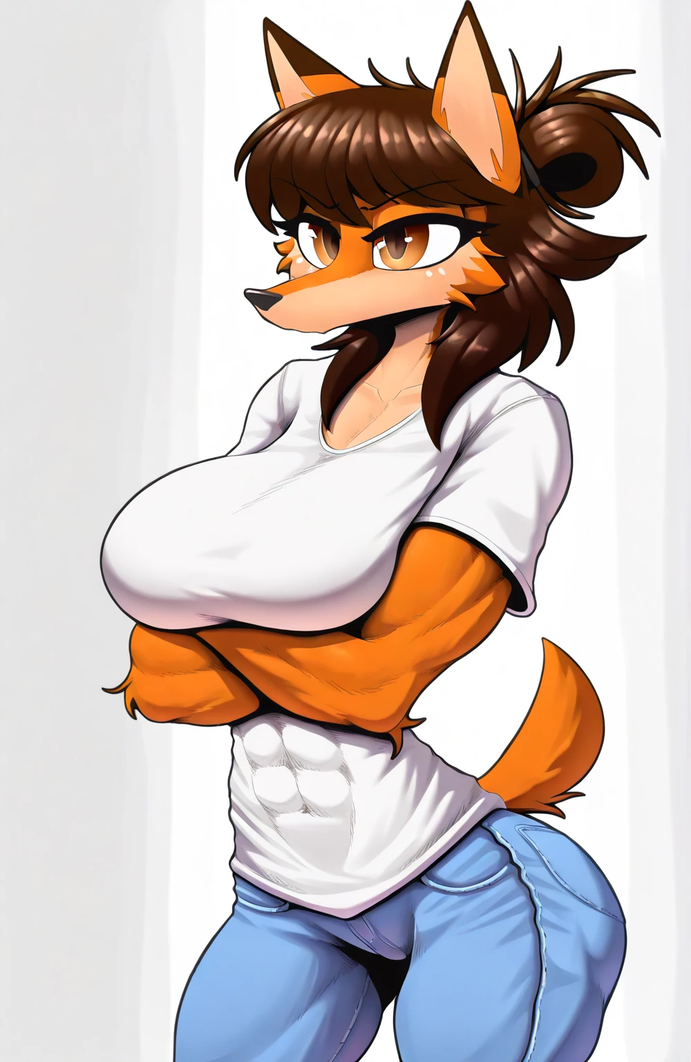 By bebebebebe, by lostgoose, by goonie-san, female, ((canine, snout, hair covering eyes, straight hair, medium hair, flat hair, ears, thin snout)), brown fur, big poofy tail, raised tail, dark maroon hair, ((muscular, big breasts)), solo, standing, ((designer clothes, gucci))