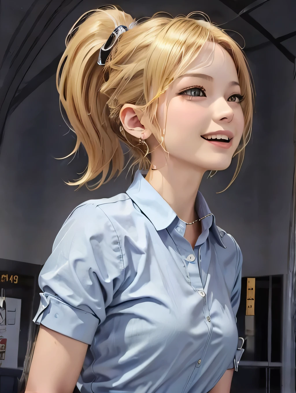{{masterpiece:1.2}}, {{1woman}}, ((upper body)), ((from side)), ((from below)), ((looking up)), ((looking away)), ((standing)), ((in the gymnasium)), 21years old, ((gal)), ((blonde hair)), ((short hair)), ((ponytail_weave_hairstyle)), ((school uniform, skyblue shirt)), ((big smile)), ((open mouth)), ((ear piercing)), ((in the heat)), Japanese
