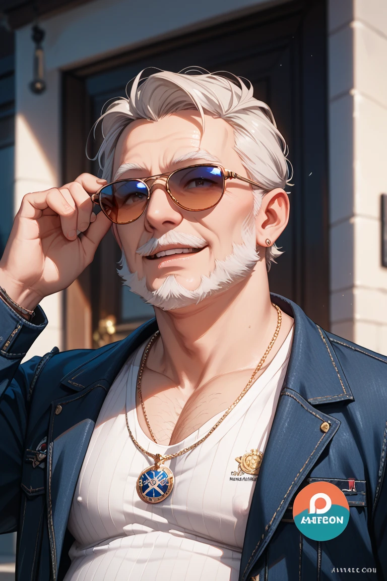 (masterpiece, best quality:1.2), <lyco:onepiece_smoker-10:1.0>, upper body, solo, male focus, 1boy, smoker \(one piece\), mature male, muscular male, looking at viewer, smoking, cigar, sunglasses, jacket, epaulettes