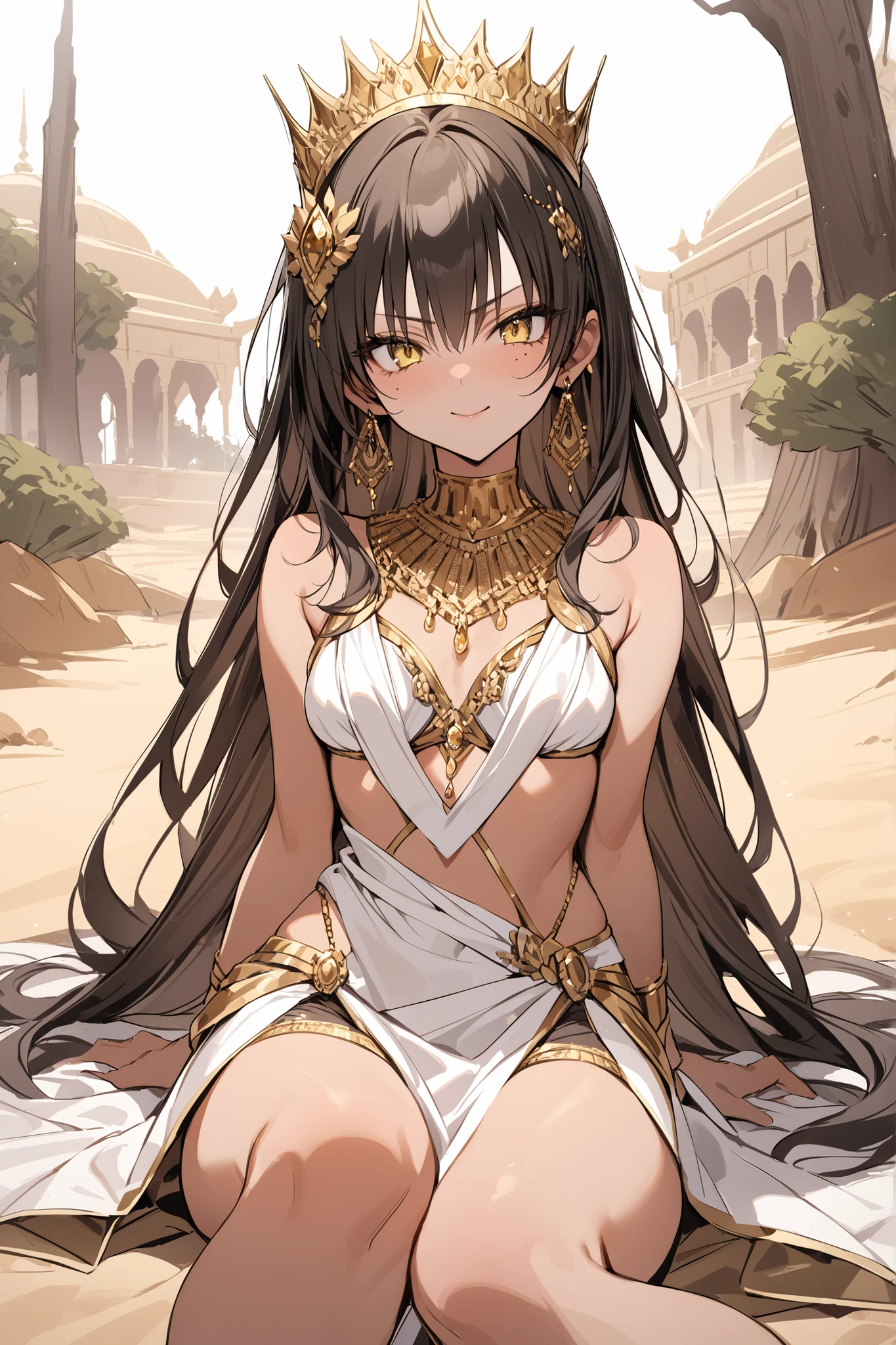 ((masterpiece,Highest Quality:1.2)),(soro),A slender, slender princess girl who sits gracefully with her legs spread out on the floor of a royal palace in the desert,cowboy shot, healthy tan skin ,with freckles on her face,black long hair,Perfect yellow eyes, tree eyes ,Serious smile,A crown and hair ornament with luxurious gold ornaments,Egyptian costume in white tones,Gold Earrings